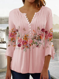 Almut | Damen Langarmbluse Blumenprint V-Ausschnitt in Rosa
