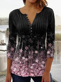 Almut | Damen Langarmbluse Blumenprint V-Ausschnitt in Schwarz