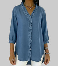 Amalia | Damen Rüschen V-Ausschnitt Bluse in Blau
