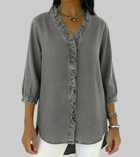 Amalia | Damen Rüschen V-Ausschnitt Bluse in Grau