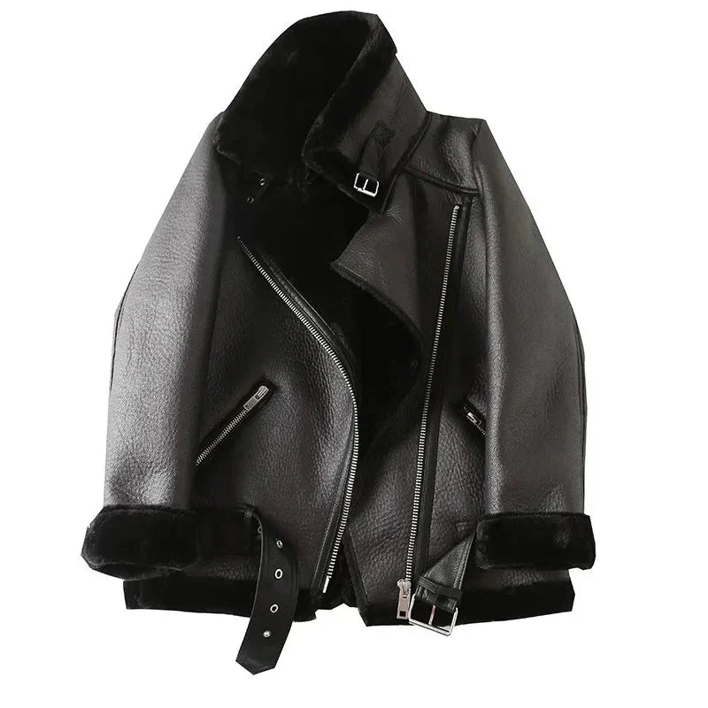 Olinde | Warme Winterlederjacke mit Kunstfellkragen