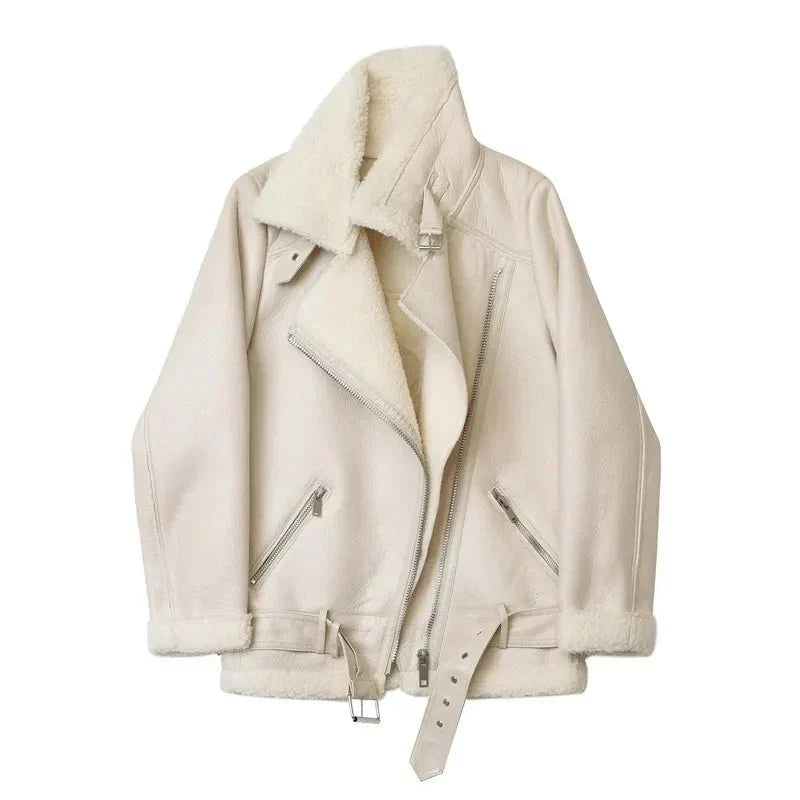 Olinde | Warme Winterlederjacke mit Kunstfellkragen