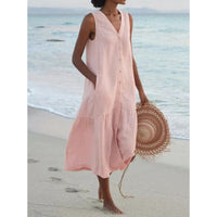 Annelie | Damen Ärmelloses Midikleid V-Ausschnitt Knopfleiste in Rosa