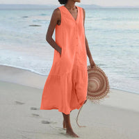 Annelie | Damen Ärmelloses Midikleid V-Ausschnitt Knopfleiste in Orange