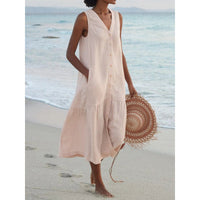Annelie | Damen Ärmelloses Midikleid V-Ausschnitt Knopfleiste in Beige
