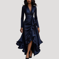 Anneliese | Damen Wickelkleid Langarm Volant Maxikleid in Marineblau