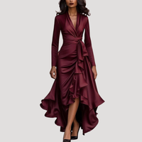 Anneliese | Damen Wickelkleid Langarm Volant Maxikleid in Weinrot