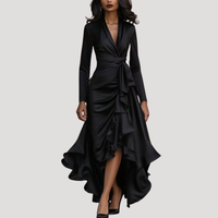 Anneliese | Damen Wickelkleid Langarm Volant Maxikleid in Schwarz
