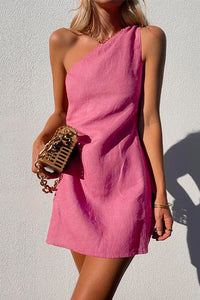 Annika | Damen One-Shoulder Minikleid Ärmellos in Rosa