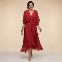 Annika | Damen V-Ausschnitt Wickelkleid Midi in Rot