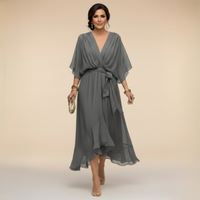 Annika | Damen V-Ausschnitt Wickelkleid Midi in Grau