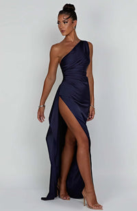 Alexandrine | Damen Satin Abendkleid Asymmetrisch Beinschlitz Glamour in Marineblau