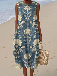 Ärmelloses Damen-Midi-Kleid mit floralem Patchwork-Muster in Blau