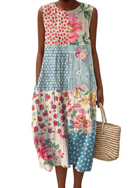 Ärmelloses Damen-Midi-Kleid mit floralem Patchwork-Muster in Rosa