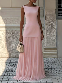 Ärmelloses Maxi-Kleid für Damen mit Plisseerock in Rosa