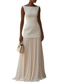 Ärmelloses Maxi-Kleid für Damen mit Plisseerock in Beige