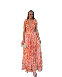 Ärmelloses Maxikleid mit Blumenmuster für Damen in Orange