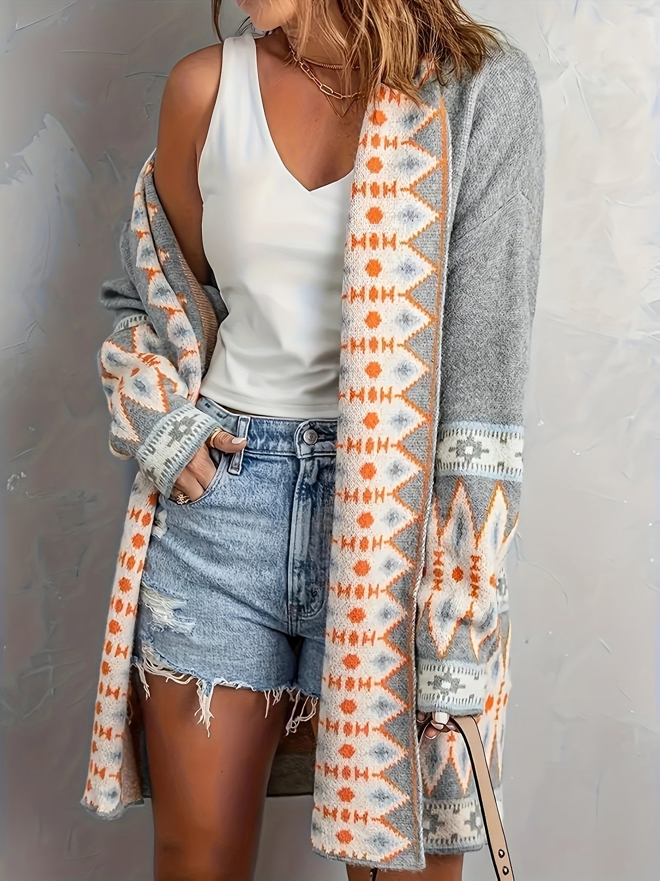 Lässiger Geo-Muster Wollstrick Cardigan für Damen | Ideal für den Winter