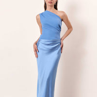 Séraphine | Damen Ein-Schulter Maxikleid Falten Elegant Festlich Fließend in Blau