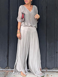 Saila | Damen Maxikleid V-Ausschnitt Fledermausärmel Unifarbe in Grau