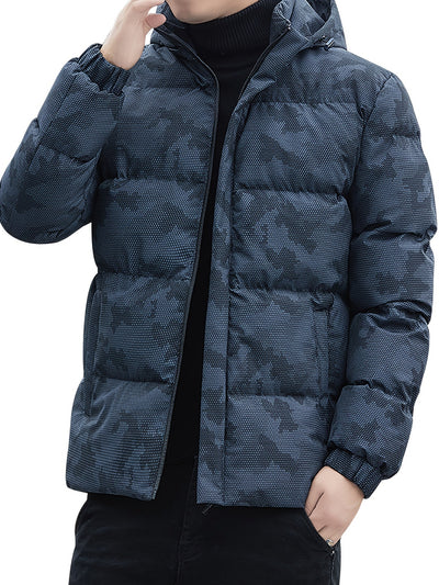 Warme Baumwoll-Steppjacke im Camouflage-Stil mit abnehmbarer Kapuze für Herren | Ideal für den Winter