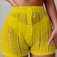 Ajour Kurze Hose mit hoher Taille für Damen, schicke und lässige Strandmode für Urlaub und Freizeit in Gelb
