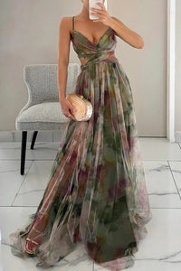Lange Blumenmuster Kleid mit Verstellbaren Trägern für Frauen | Ideal für Sommer und Besondere Anlässe in Grün