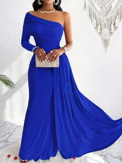 Stilvolles Baumwollkleid mit asymmetrischem Schnitt, schulterfreiem Design und Maxi-Länge für Damen | Ideal für den Sommer