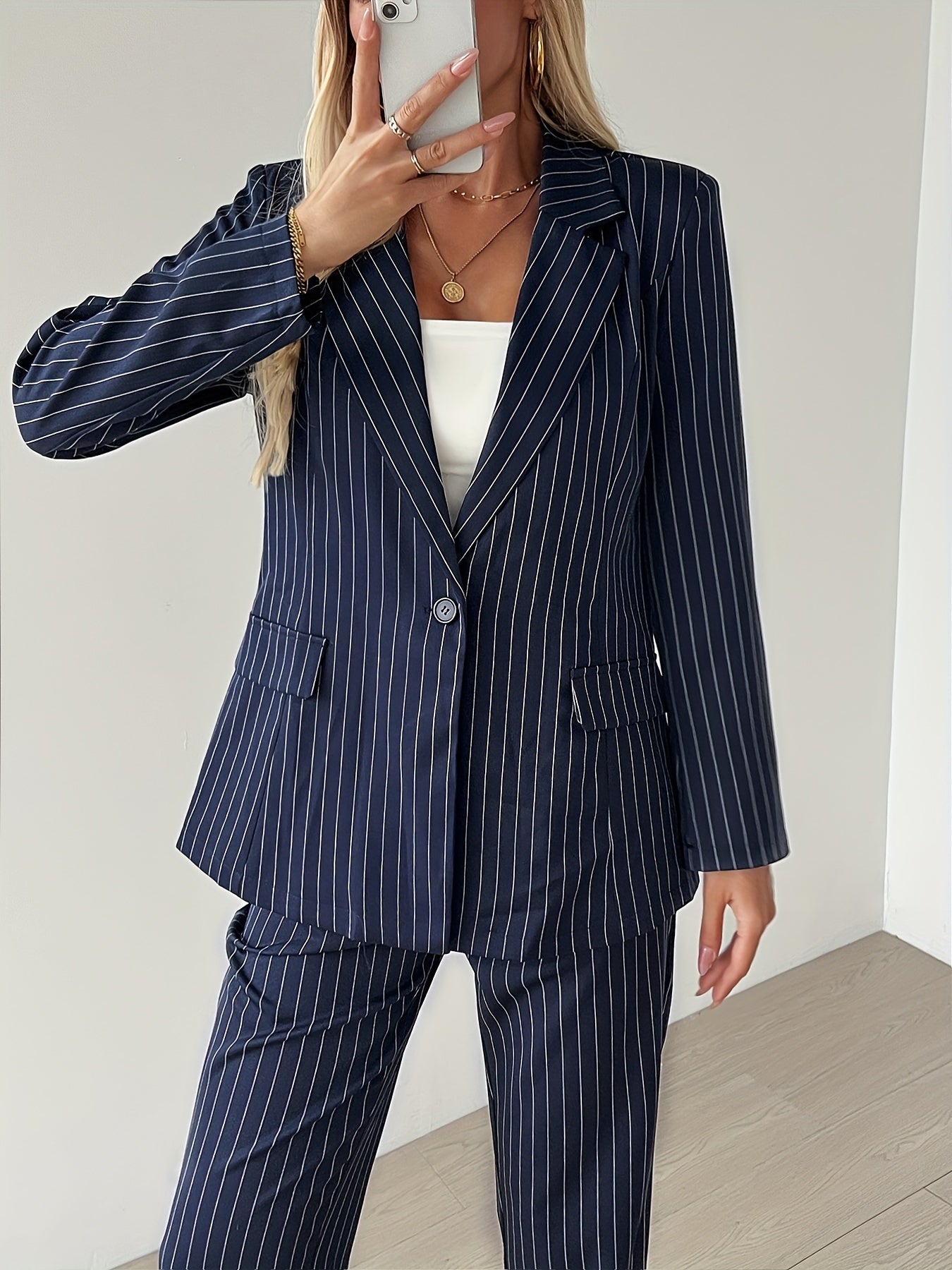 Elegantes Business Gestreiftes Hosenanzug Set in Blau für Damen | Ideal für das tägliche Tragen