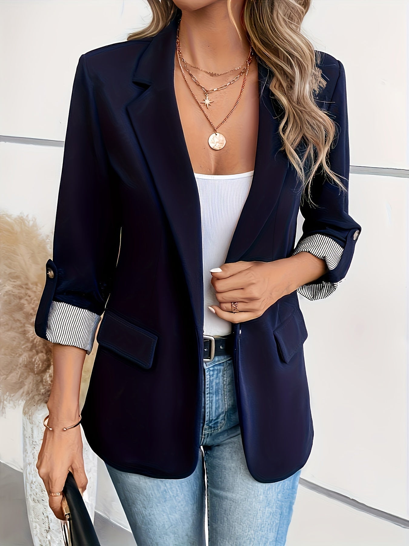 Eleganter Blazer Mit Reverskragen, Umgeschlagenen Ärmeln Und Seitentaschen Für Damen |  Ideal für das tägliche Tragen