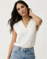 Sophie | Damen Blusentop V-Ausschnitt Kurzarm Unifarben Elegant Basic in Weiß