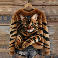 Jules – Weiches Plüsch Sweatshirt Mit Tabby Katzen Und Tiger Muster in Braun