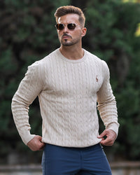 Bastian | Herren Zopfmuster Langarm Strickpullover in Beige