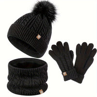 3-teiliges Winterset für Damen mit Mütze, Schal und Handschuhen in Schwarz