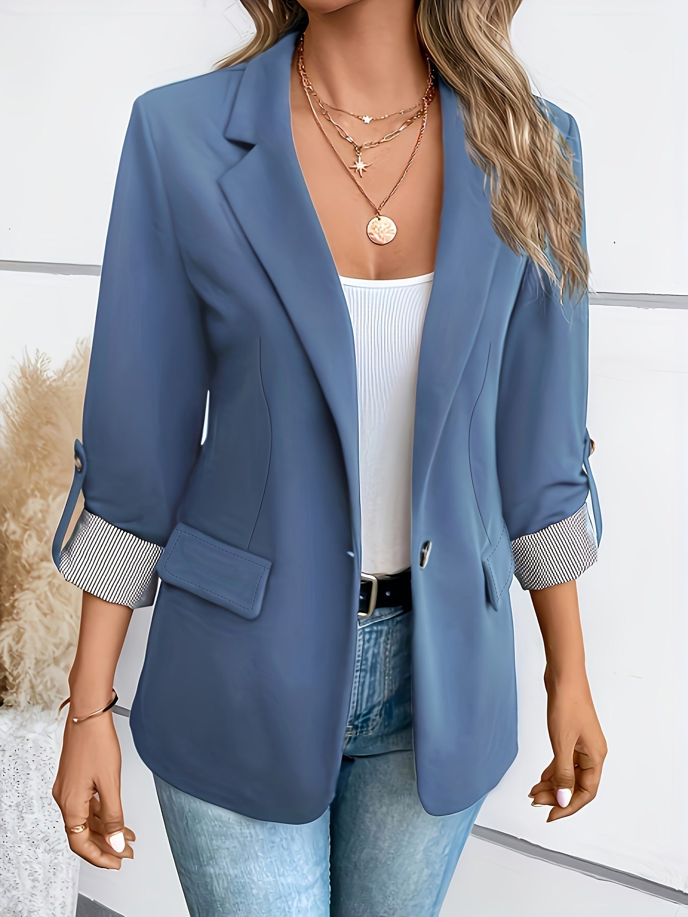 Eleganter Blazer Mit Reverskragen, Umgeschlagenen Ärmeln Und Seitentaschen Für Damen |  Ideal für das tägliche Tragen
