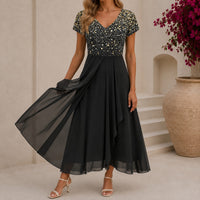 Beatrix | Florales Cocktail-Midikleid mit V-Ausschnitt in Gold Schwarz