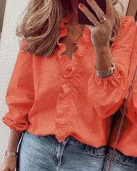 Beverly | Damen Rüschenshirt mit V-Ausschnitt und langen Ärmeln in Orange