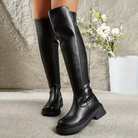 Maelyn | Damen flache Overknee-Stiefel mit Seitenreißverschluss in Schwarz