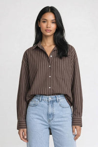 Bluse Damen - Oversized | Gestreift & Klassischer Kragen in Gestreift Braun