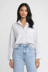 Bluse Damen - Oversized | Gestreift & Klassischer Kragen in Gestreift Weiß