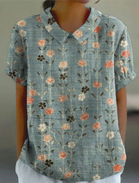Noémie | Damen Bluse Hanfgewebe Herbst Blumenmuster Natürlich Casual in Blau