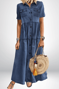 Brunhilde | Damen Jeanskleid Maxikleid mit Knopfleiste in Hellblau