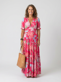Brunhilde | Damen V-Ausschnitt Blumen Maxi Kleid in Rosa