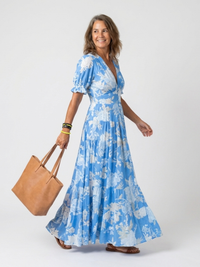 Brunhilde | Damen V-Ausschnitt Blumen Maxi Kleid in Blau