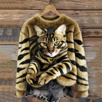 Jules – Weiches Plüsch Sweatshirt Mit Tabby Katzen Und Tiger Muster in Gold