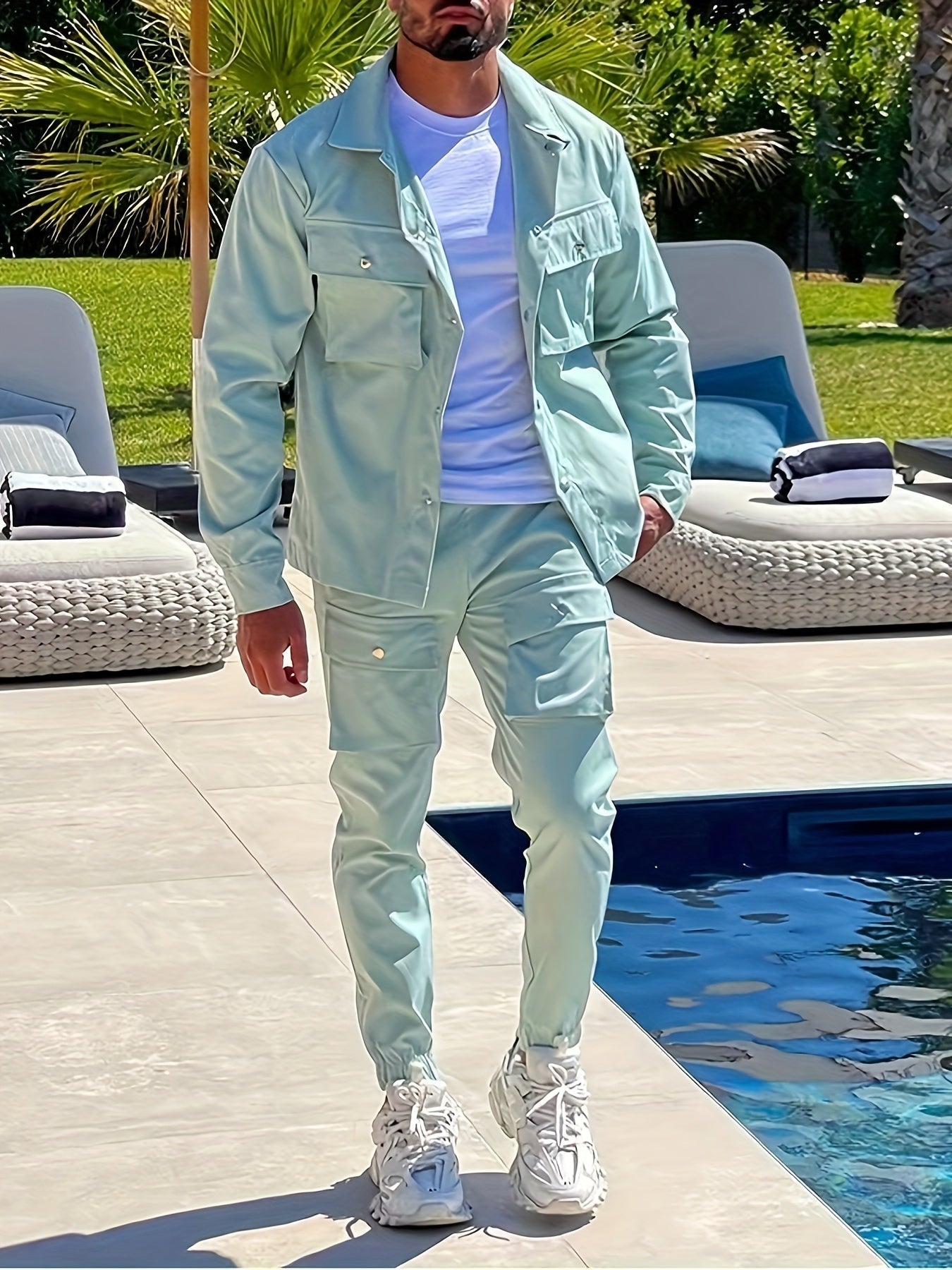 Lässiger Langarm Trainingsanzug mit Reissverschluss, Brusttaschen und Kordelzughose für Herren | Perfekt für Outdoor-Aktivitäten