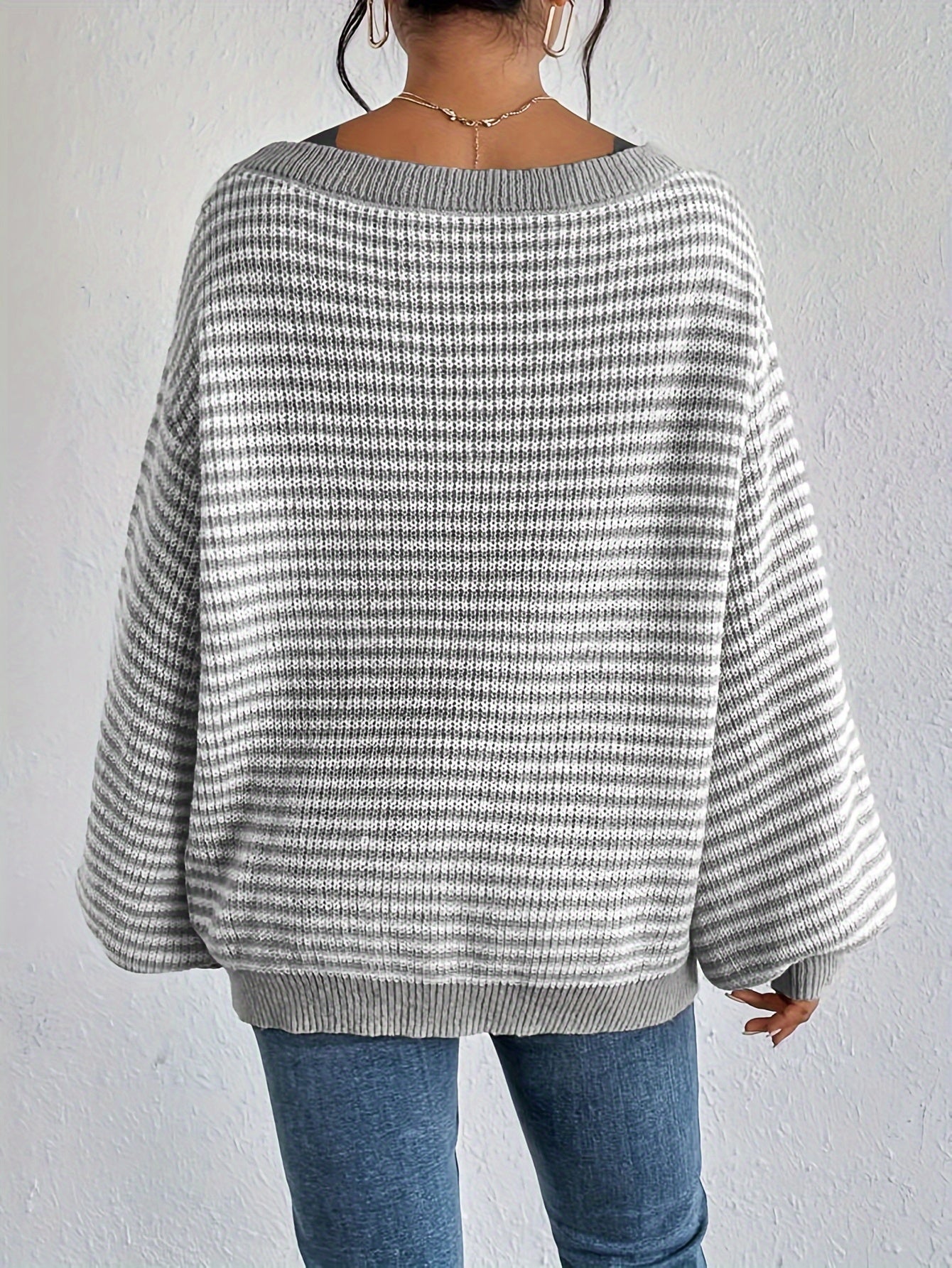 Lässiger Oversized Strickpullover aus Baumwolle mit Streifen und Elastischem Stoff für Damen | Ideal für den Winter