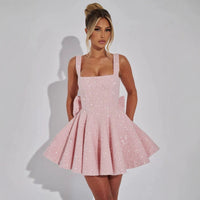 Nina - Damen Abendkleid mit ausgestelltem Mini und Schleife in Rosa