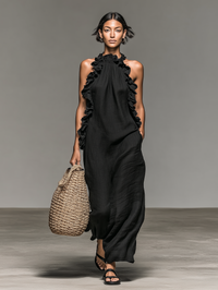 Lua | Damen Halterloses ärmelloses Maxikleid mit Rüschen in Schwarz