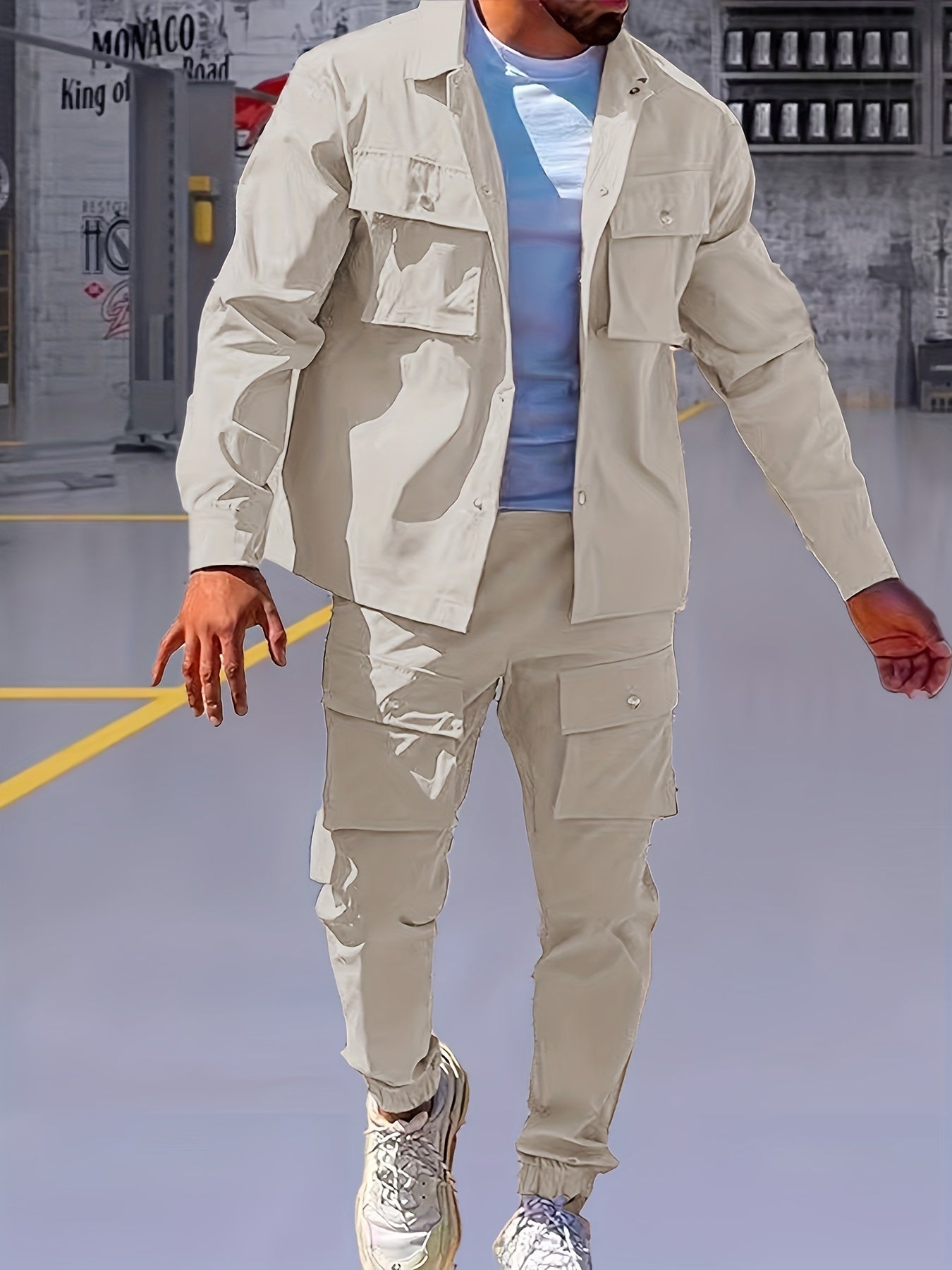 Lässiger Langarm Trainingsanzug mit Reissverschluss, Brusttaschen und Kordelzughose für Herren | Perfekt für Outdoor-Aktivitäten